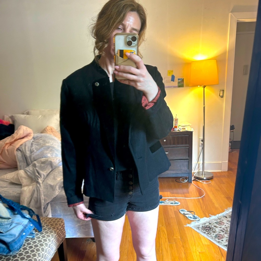 Vintage military-style blazer with velvet details in black, sz. S